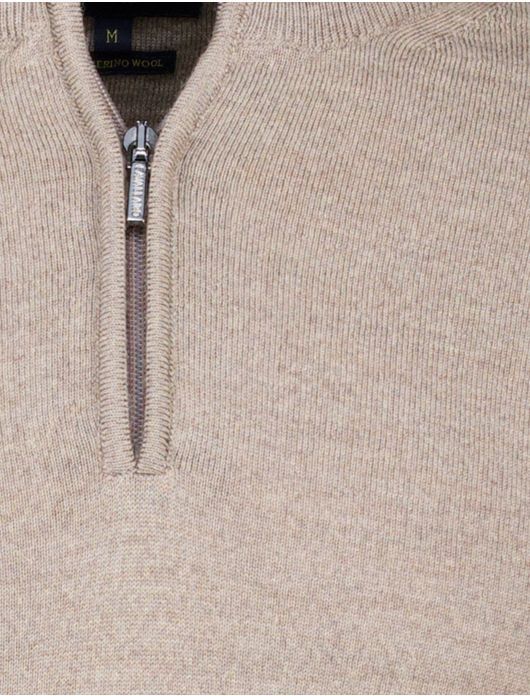 Cavallaro trui effen beige half zip merinowol