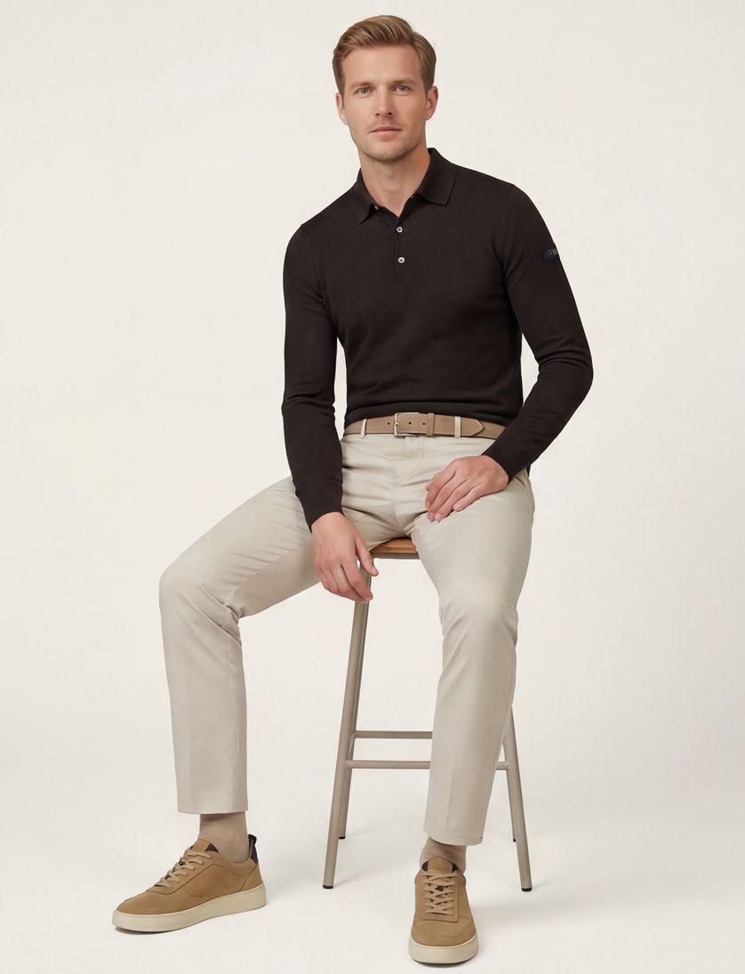 Cavallaro lange mouw polo bruin merinowol slim fit