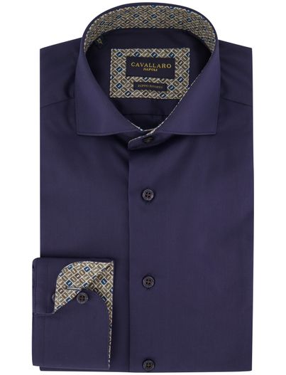 Cavallaro Overhemd Cavallaro effen donkerblauw katoen mouwlengte 7