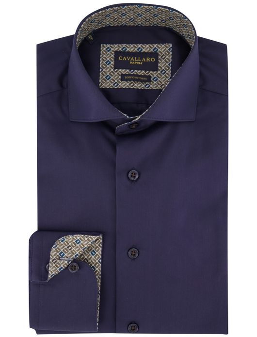 Cavallaro overhemd donkerblauw effen mouwlengte 7 katoen