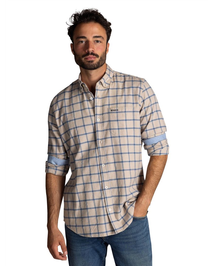 NZA overhemd geruit beige lange mouw