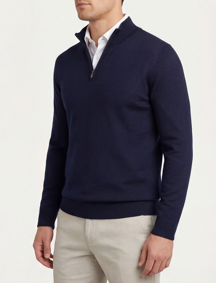 Portofino half zip trui effen donkerblauw merinowol
