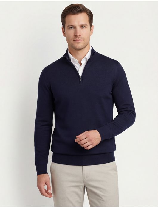 Portofino trui donkerblauw half zip merinowol