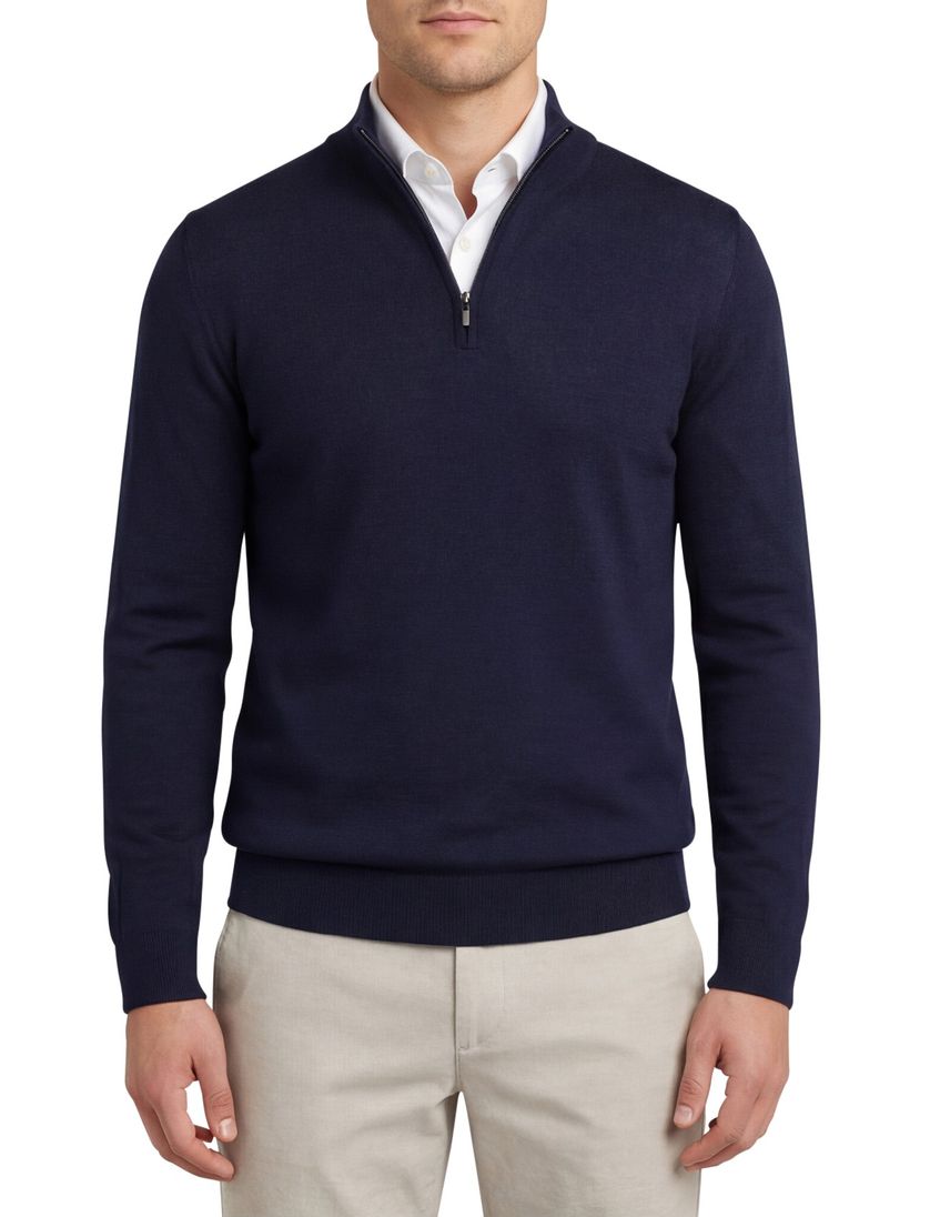 Portofino half zip trui effen donkerblauw merinowol