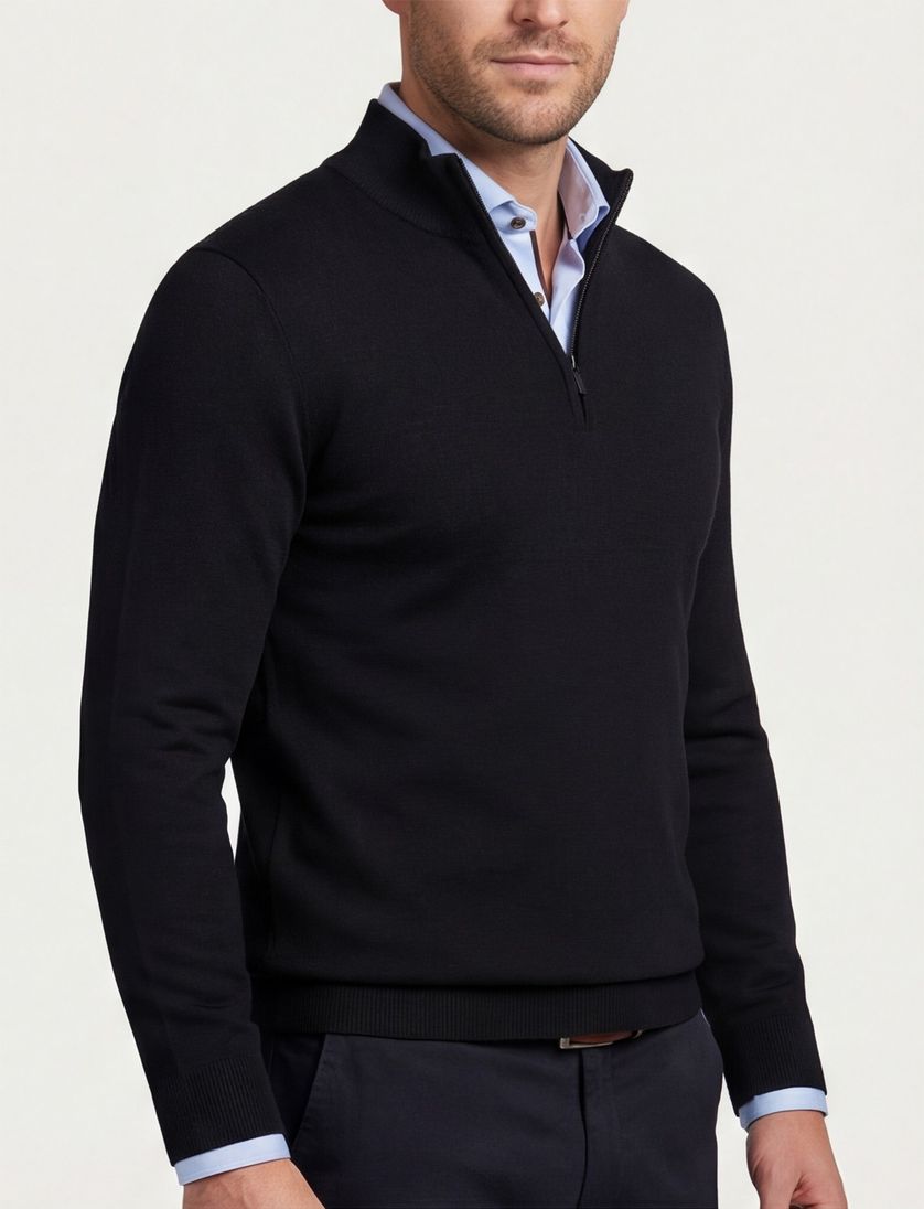 Portofino trui zwart half zip merinowol