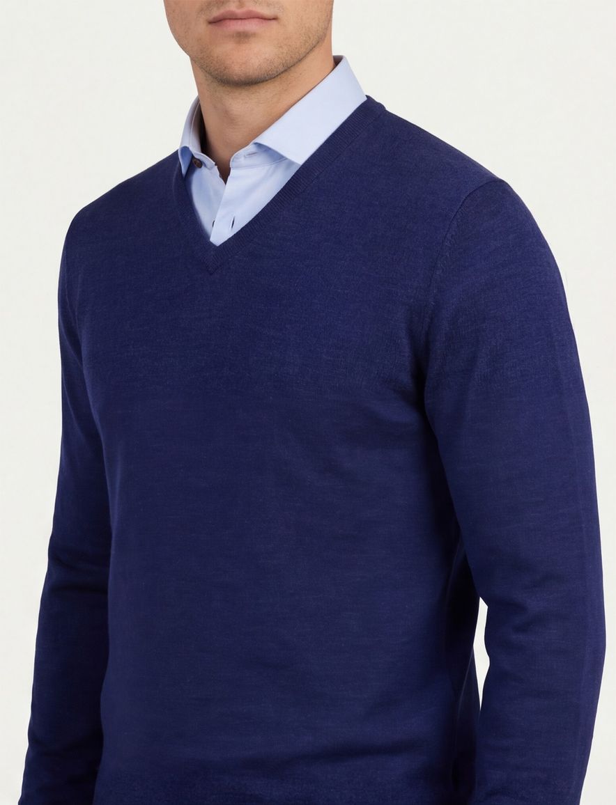 Portofino trui donkerblauw v hals gemeleerd merinowol