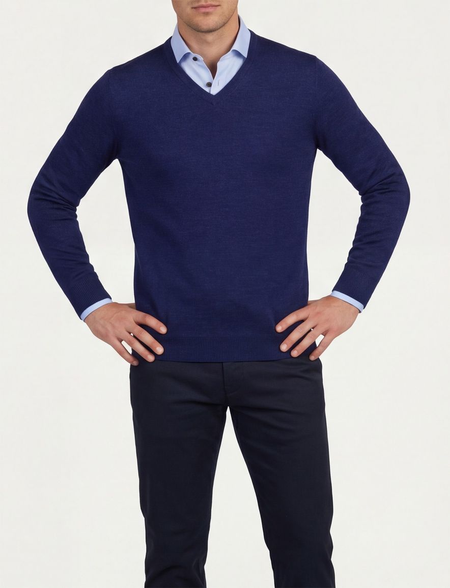 Portofino trui donkerblauw v hals gemeleerd merinowol