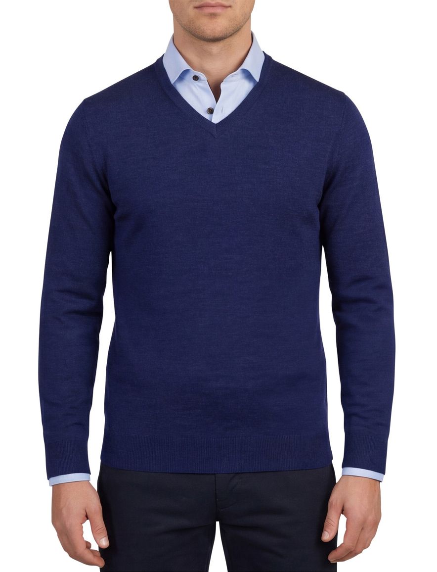 Portofino trui donkerblauw v hals gemeleerd merinowol