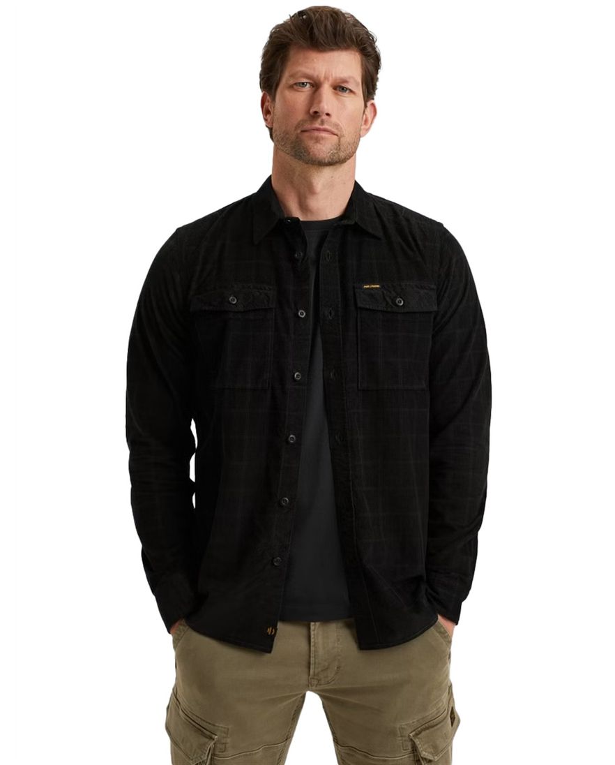 PME Legend overhemd zwart geruit met dubbele borstzak