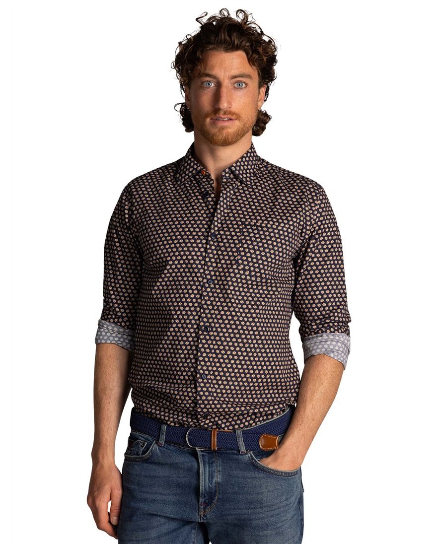 Katoenen N.Z.A donkerblauw geprint overhemd