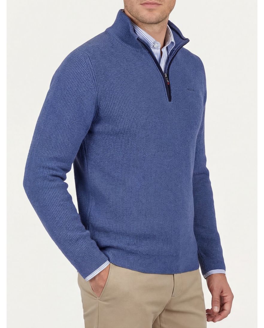 New Zealand trui blauw half zip effen