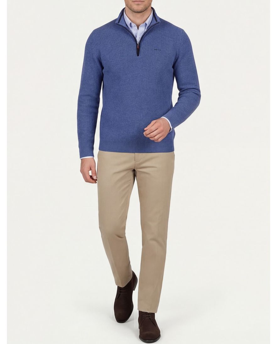 New Zealand trui blauw half zip effen