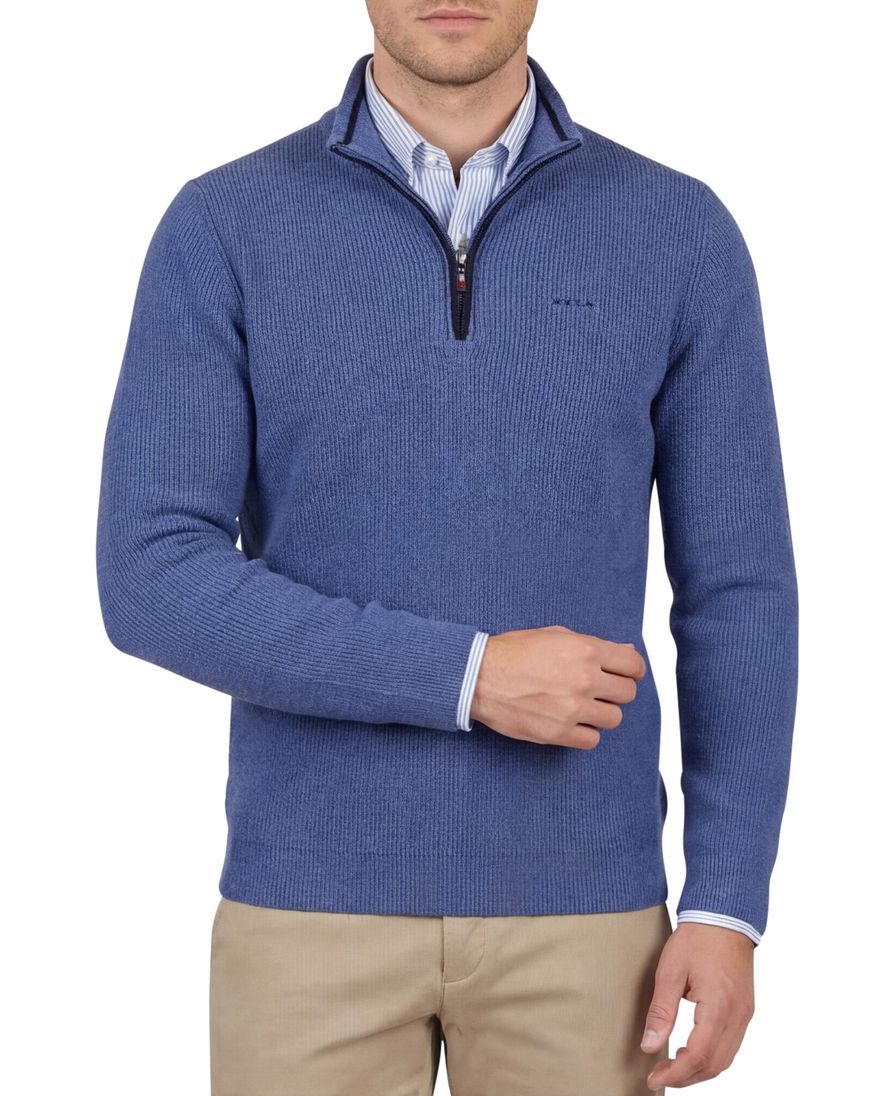 New Zealand trui blauw half zip effen