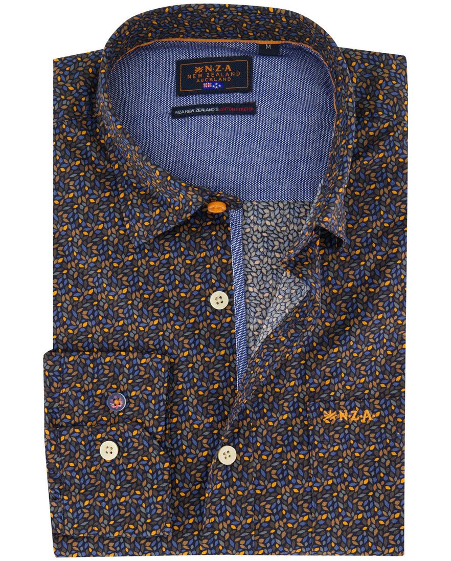 NZA overhemd bruin geprint semi-wide collar lange mouw