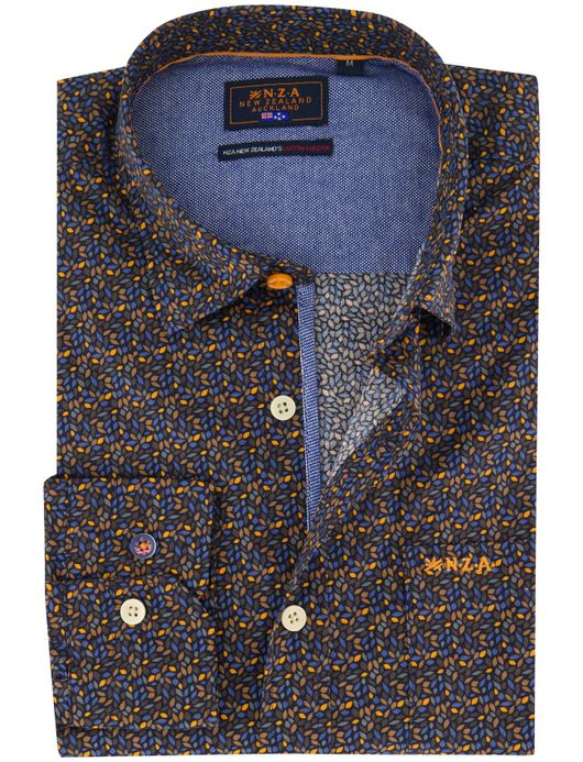 NZA overhemd bruin oranje geprint katoen