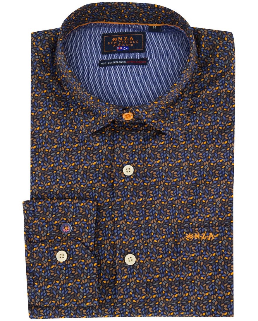 NZA overhemd bruin geprint semi-wide collar lange mouw