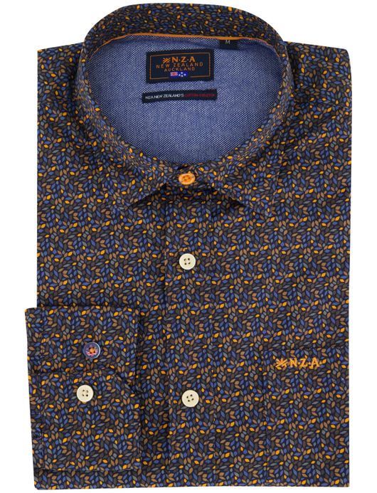 NZA overhemd bruin oranje geprint katoen