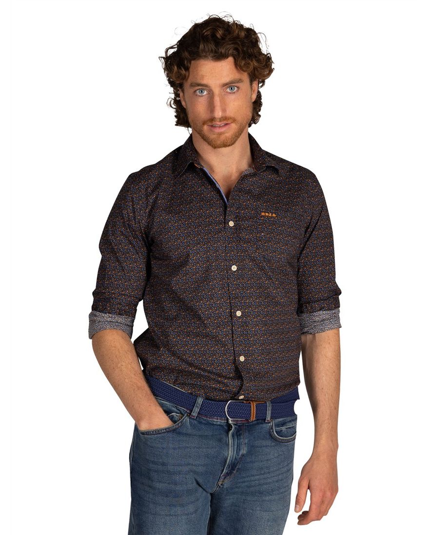 NZA overhemd bruin geprint semi-wide collar lange mouw