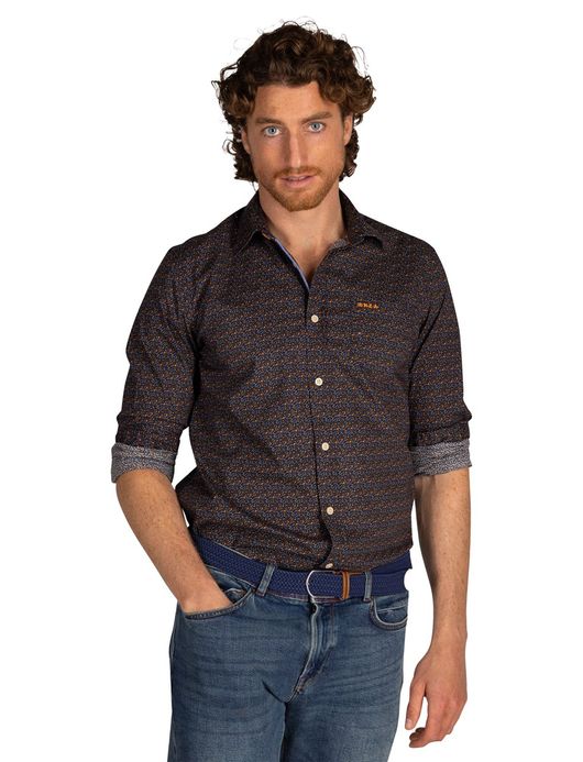 NZA overhemd bruin oranje geprint katoen