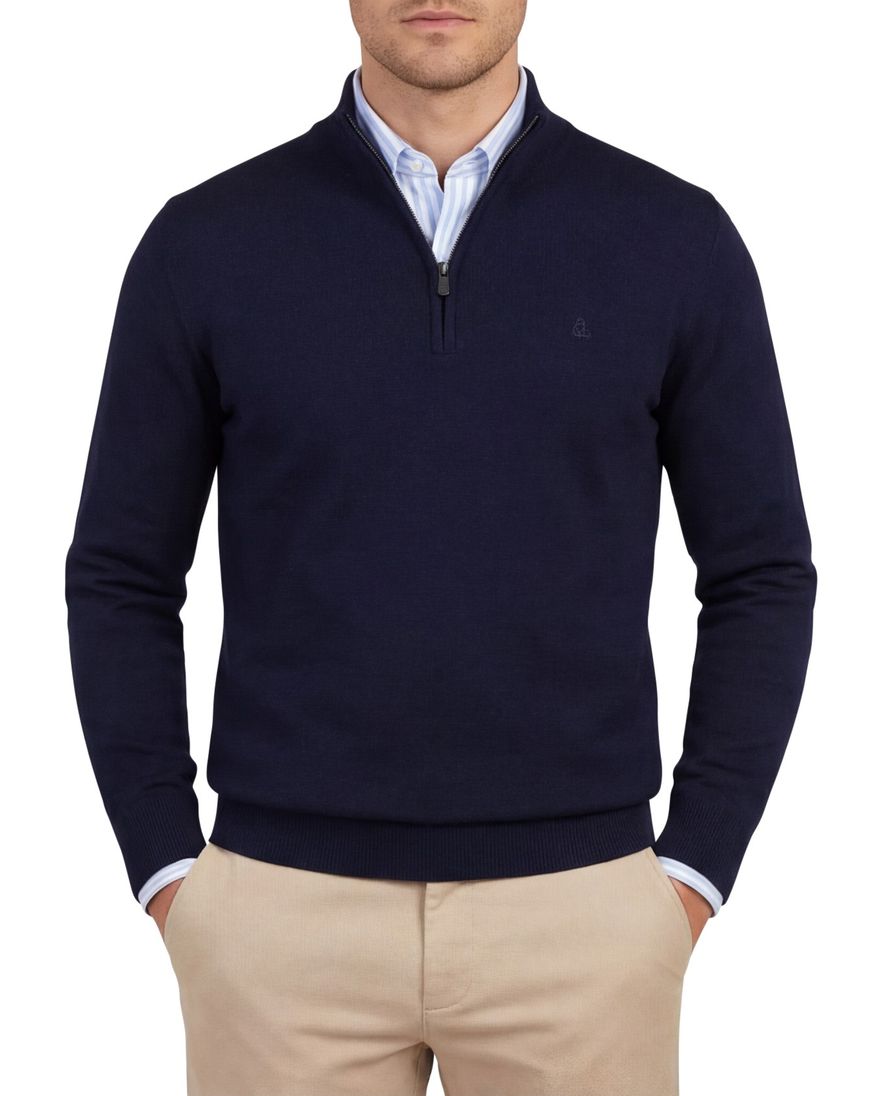 Scotland Blue normale fit trui effen donkerblauw half zip