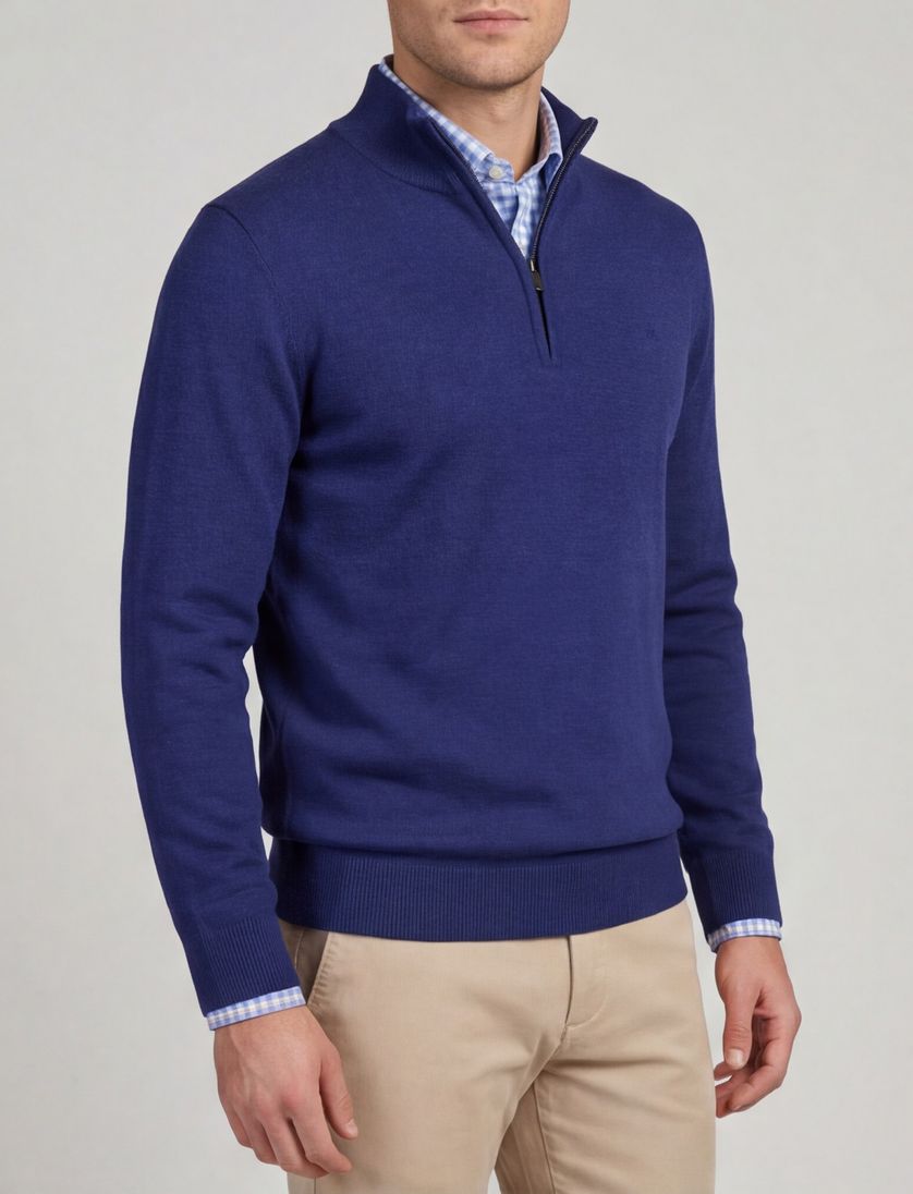 Scotland Blue katoen effen donkerblauw normale fit half zip