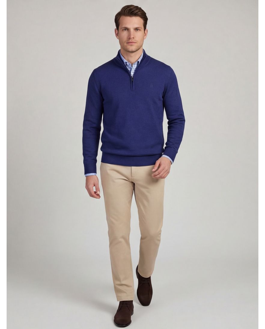 Scotland Blue effen donkerblauw katoen normale fit half zip