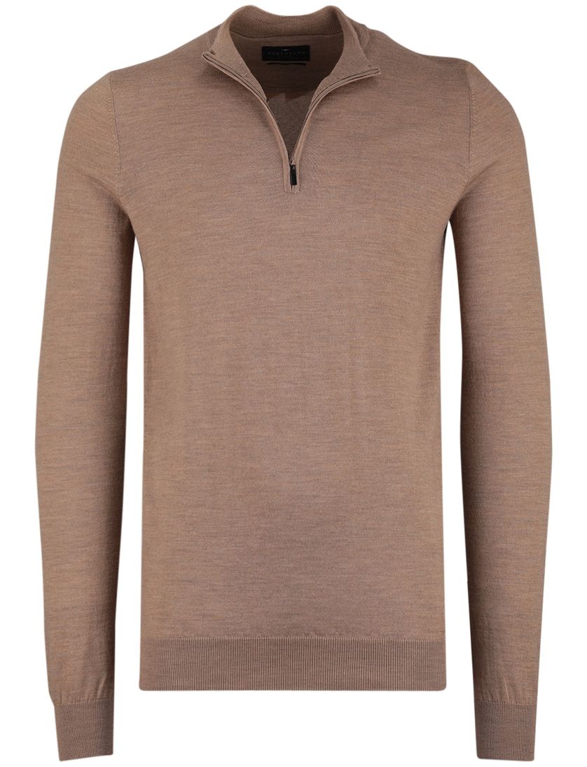 Portofino trui half zip normale fit effen beige merinowol