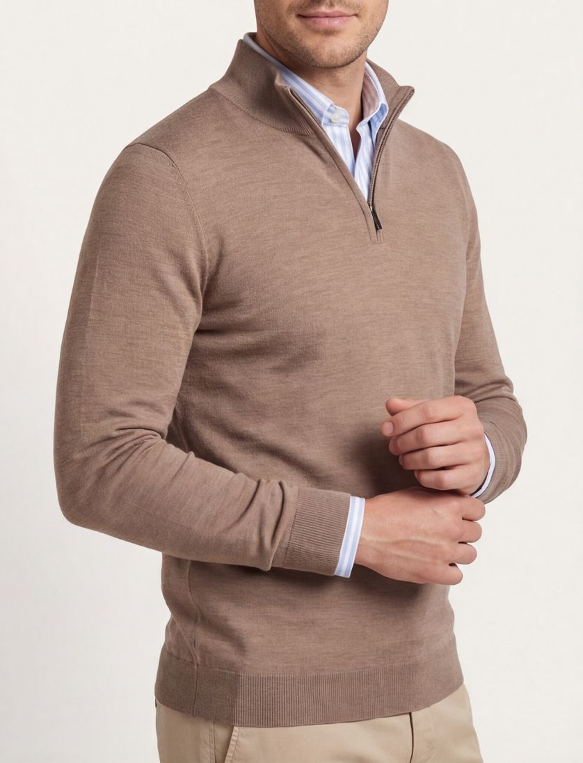 Portofino trui half zip normale fit effen beige merinowol