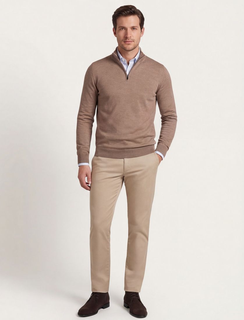 Portofino trui half zip normale fit effen beige merinowol