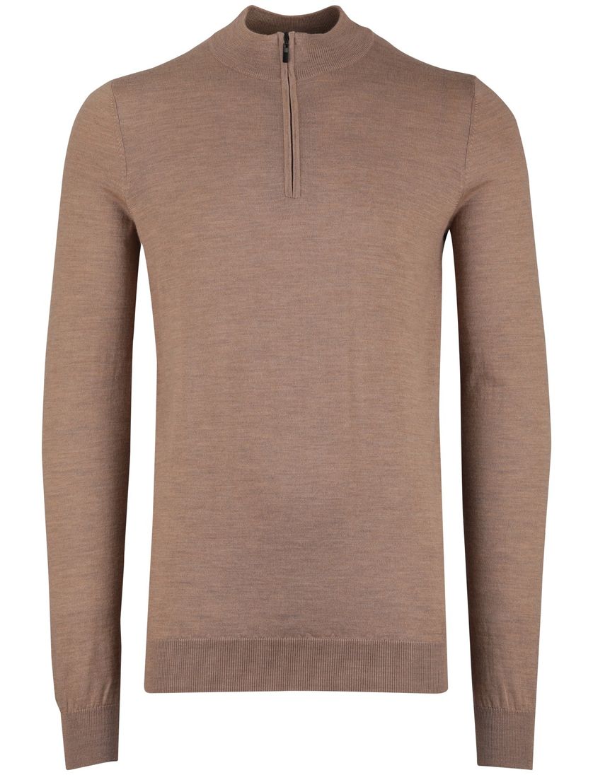 Portofino trui half zip normale fit effen beige merinowol