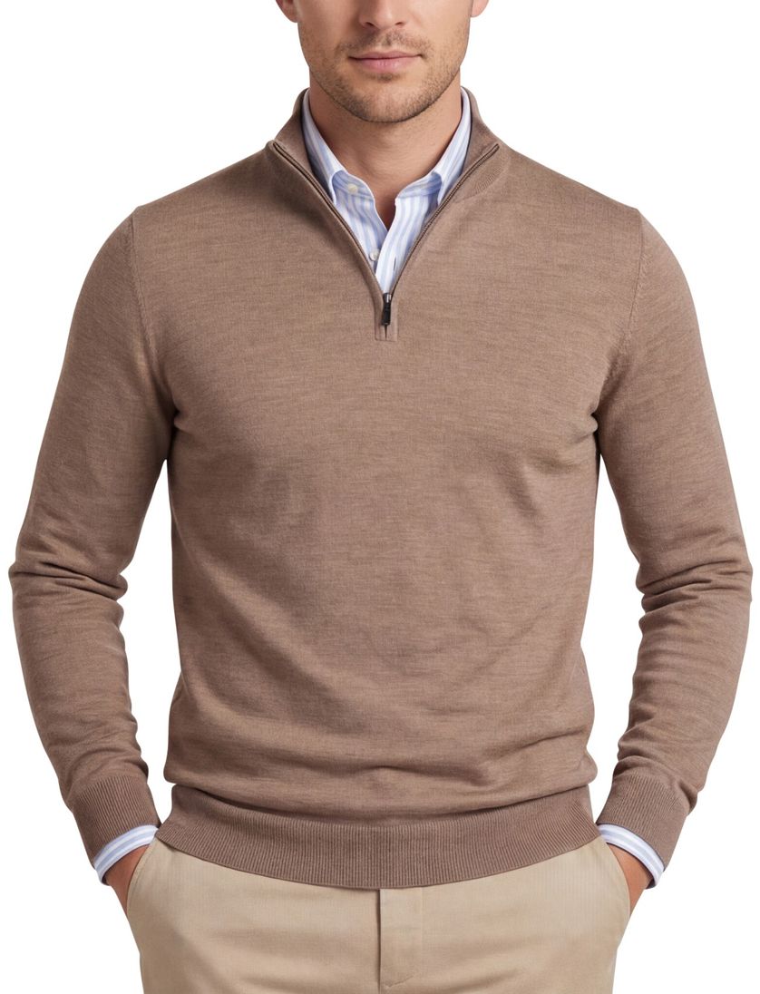 Portofino trui half zip normale fit effen beige merinowol