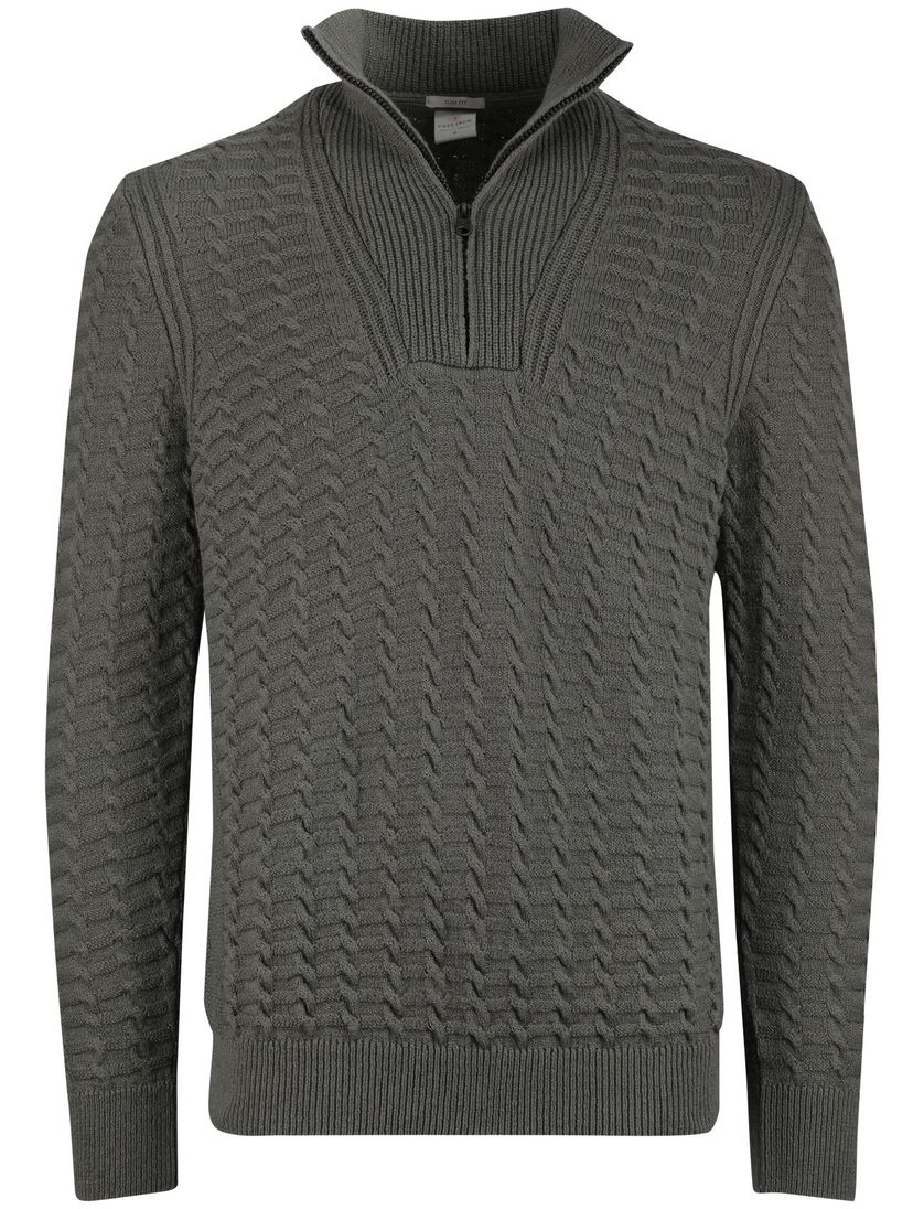 Cast Iron half zip trui groen effen slim fit