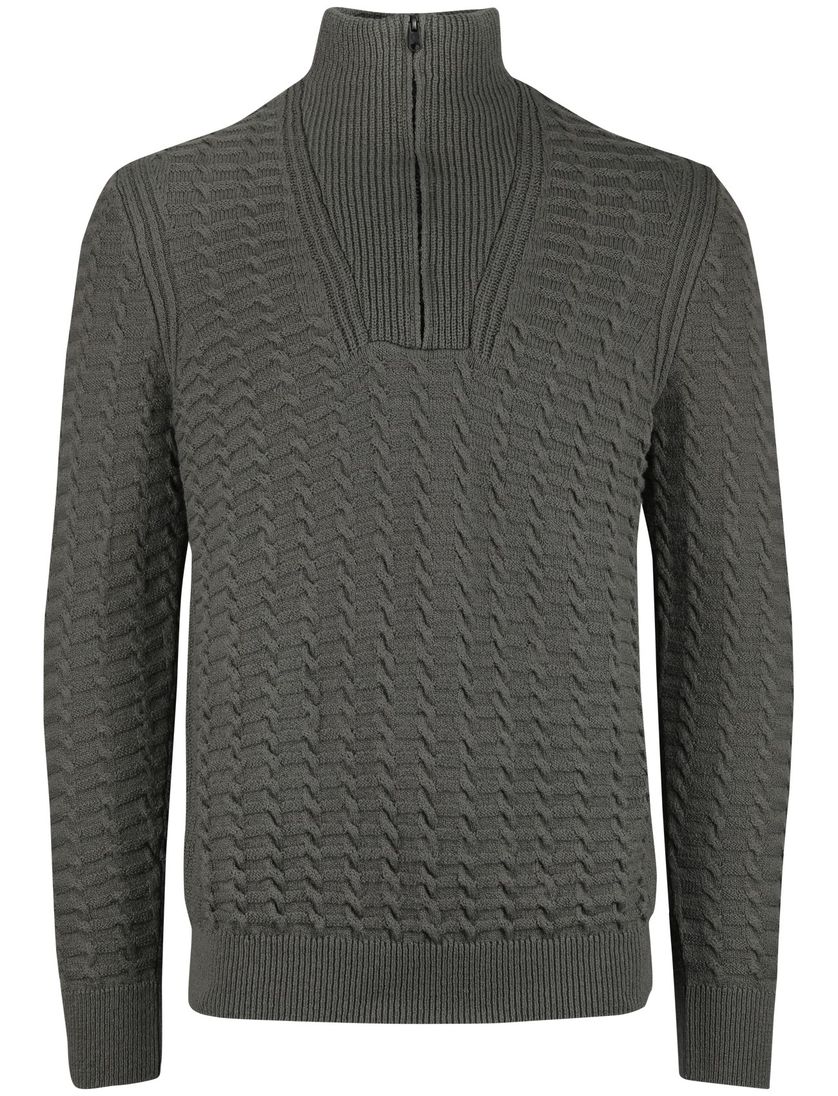 Cast Iron half zip trui groen effen slim fit