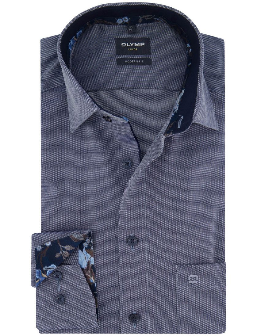 Olymp overhemd navy geprint katoen