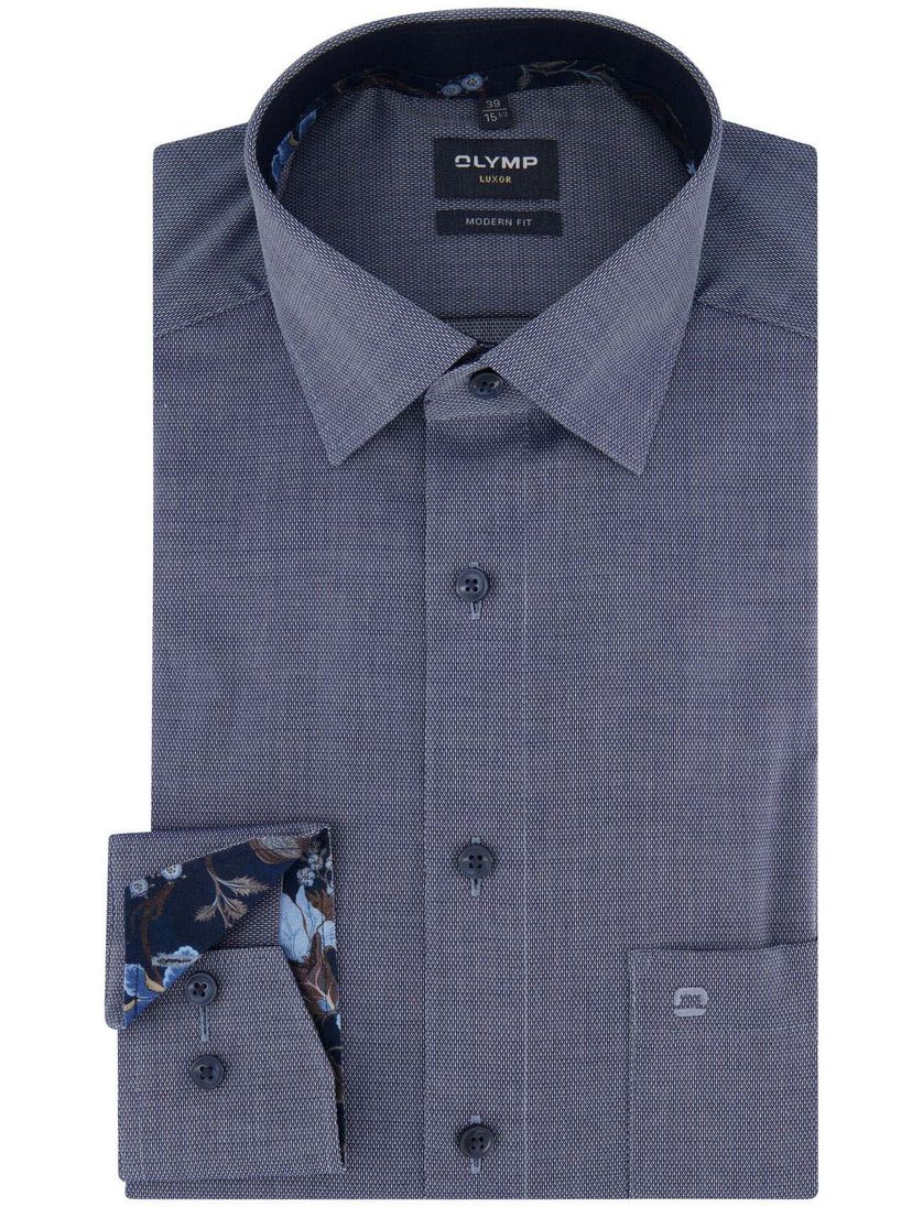 Olymp overhemd navy geprint katoen