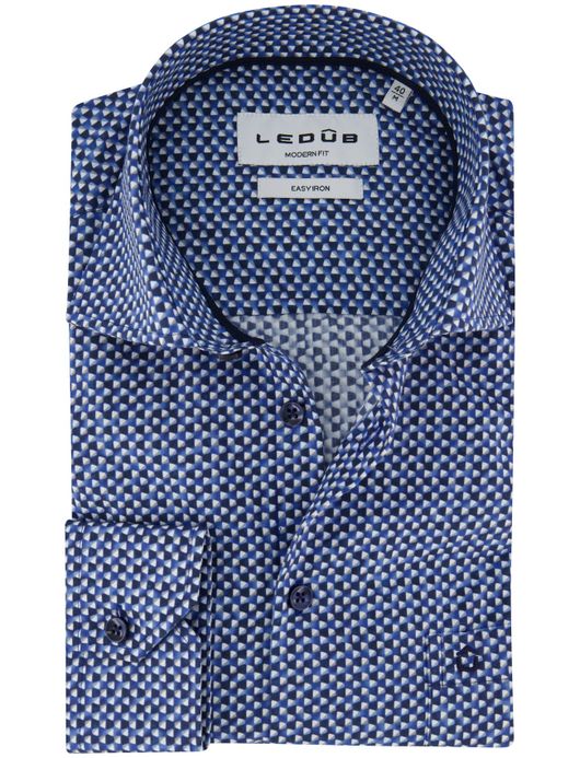 Ledub modern fit overhemd mouwlengte 7 blauw geprint wide collar