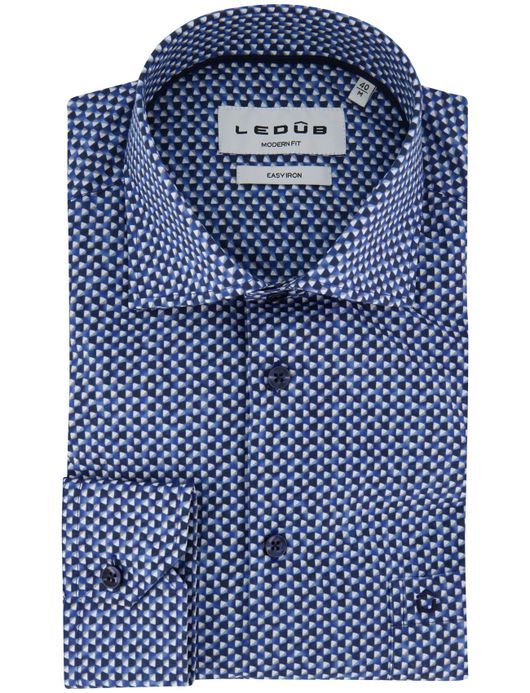 Ledub modern fit overhemd mouwlengte 7 blauw geprint wide collar