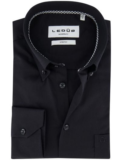 Ledub Ledub modern fit overhemd stretch zwart effen