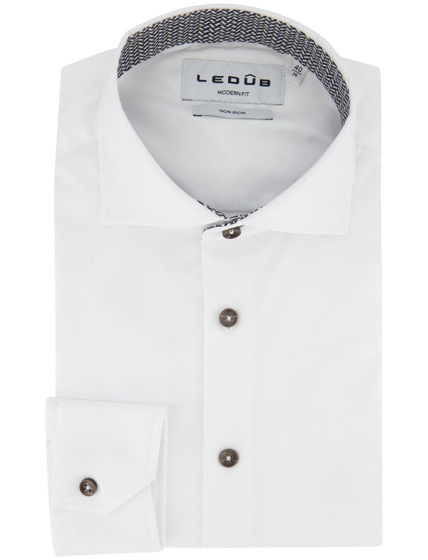Wit strijkvrij Ledub Modern Fit overhemd ml 5 katoen