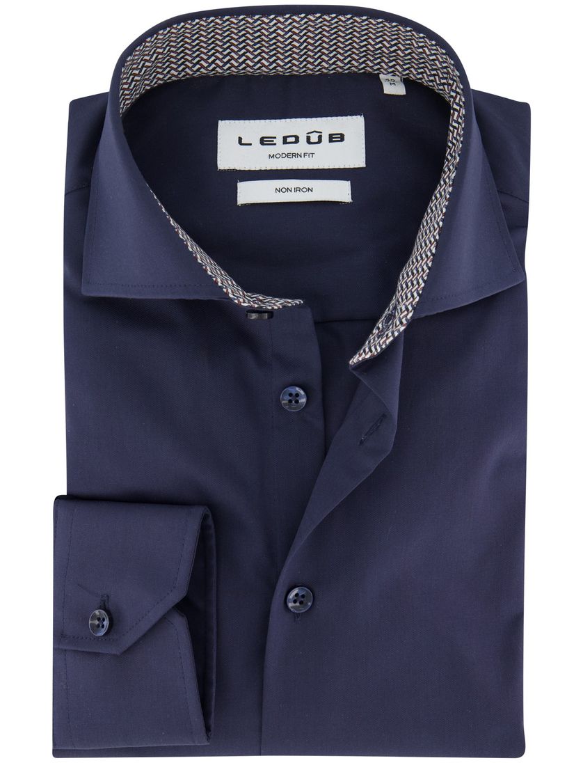 Ledub modern fit overhemd strijkvrij navy mouwlengte 7 100% katoen