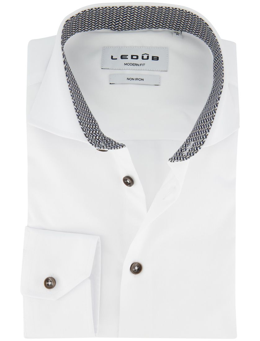 Ledub Overhemd strijkvrij Modern fit wit effen 100% katoen