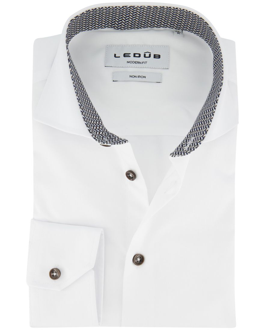 Ledub Overhemd strijkvrij Modern fit wit effen wide collar