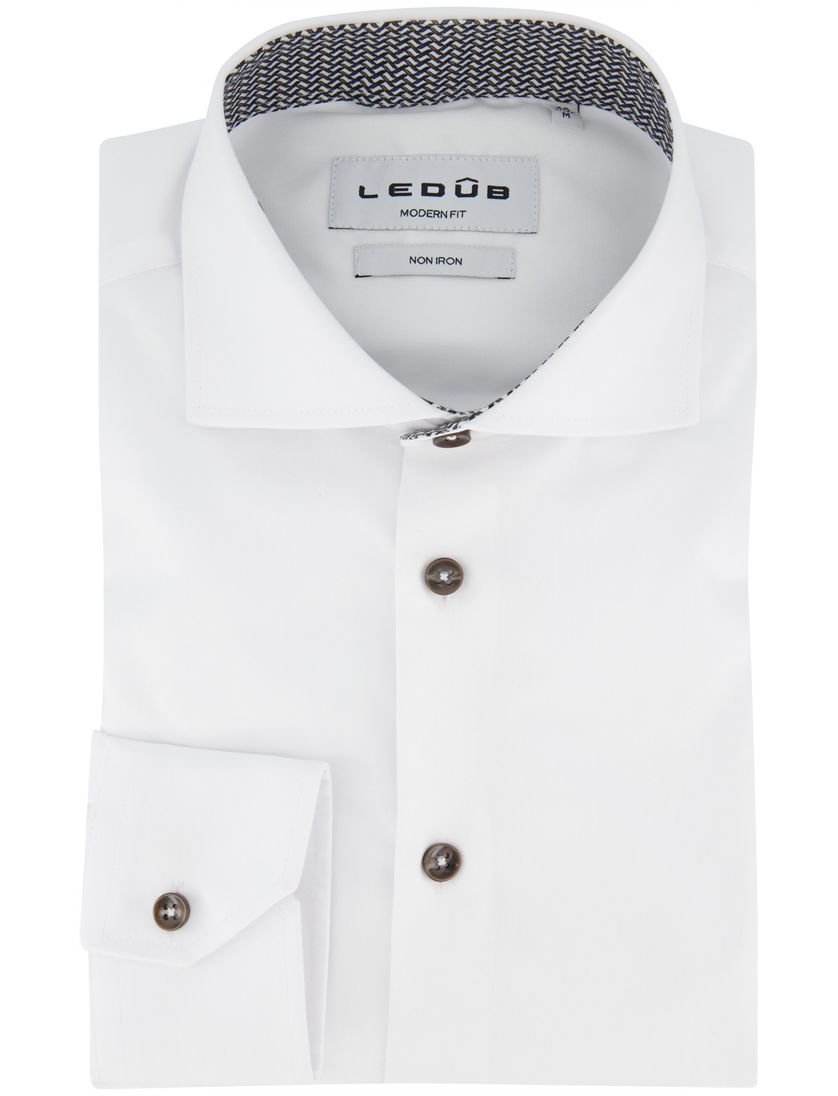 Ledub Overhemd strijkvrij Modern fit wit effen 100% katoen