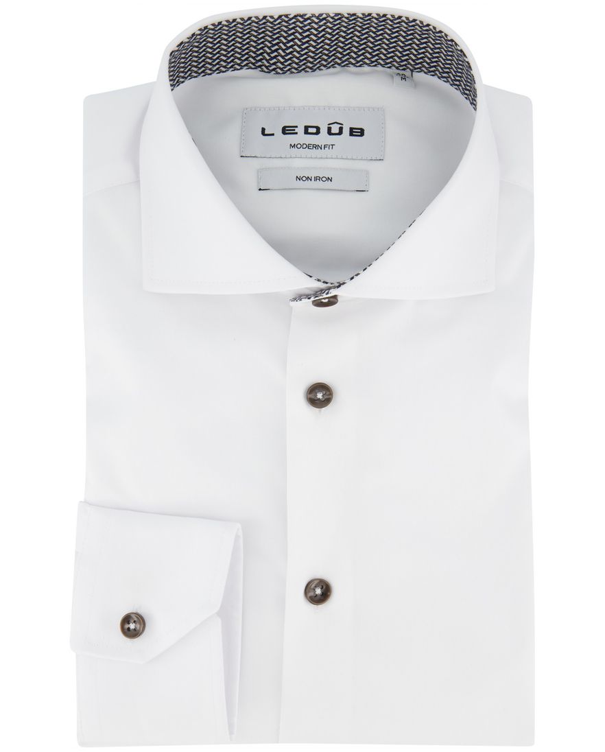 Ledub Overhemd strijkvrij Modern fit wit effen wide collar