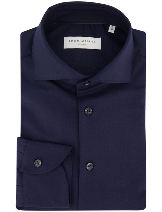 John Miller Slim Fit overhemd donkerblauw wolblend