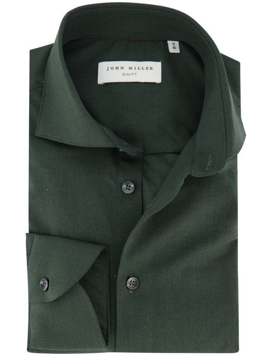 John Miller Slim Fit overhemd donkergroen wolblend