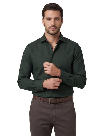 John Miller Donkergroen John Miller overhemd Slim Fit woolblend