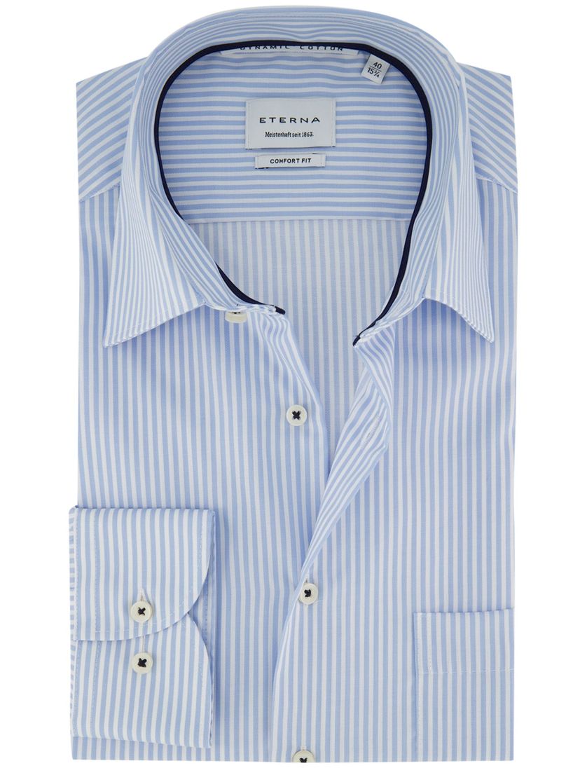 Eterna overhemd ml 5 lichtblauw gestreept strijkvrij comfort fit