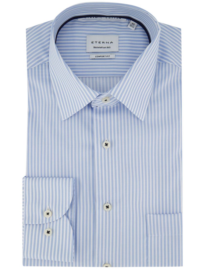 Eterna overhemd ml 5 lichtblauw gestreept strijkvrij comfort fit