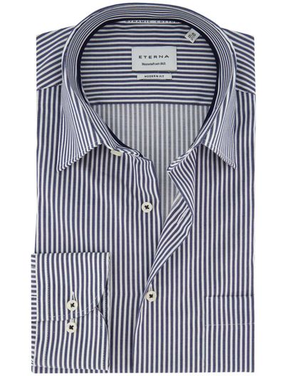 Eterna Eterna overhemd ml 5 wit donkerblauw gestreept strijkvrij katoen